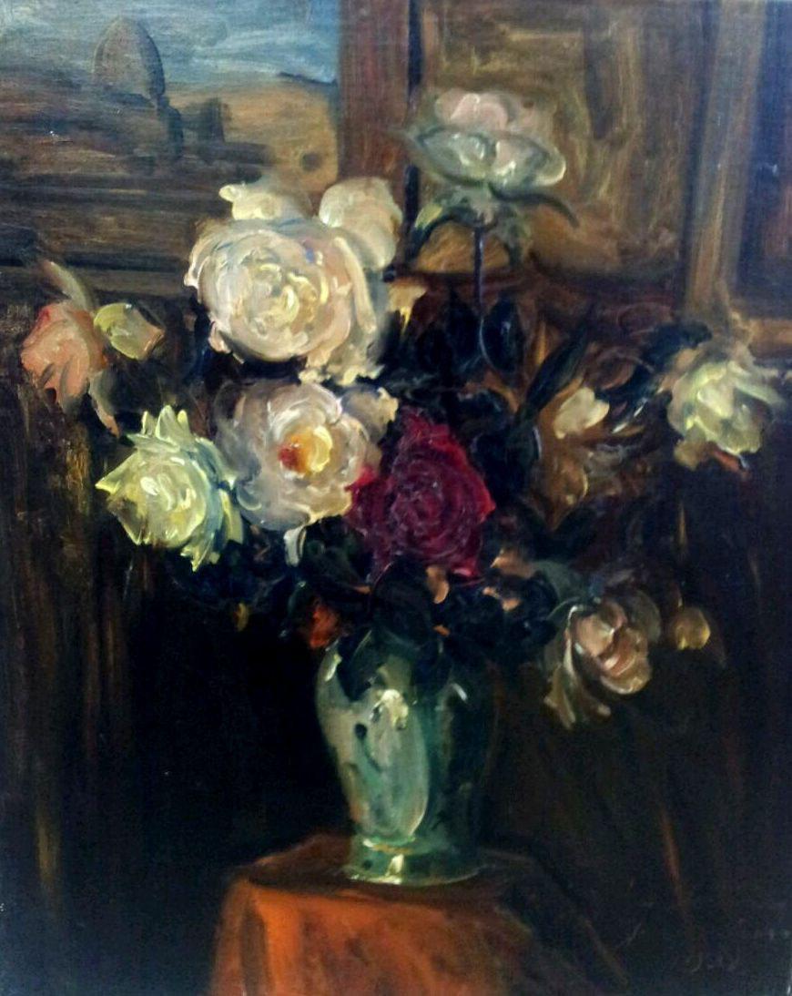 Ludwig Blum Still-Life Painting - Vase with Roses on a Table - Israeli Art Flowers