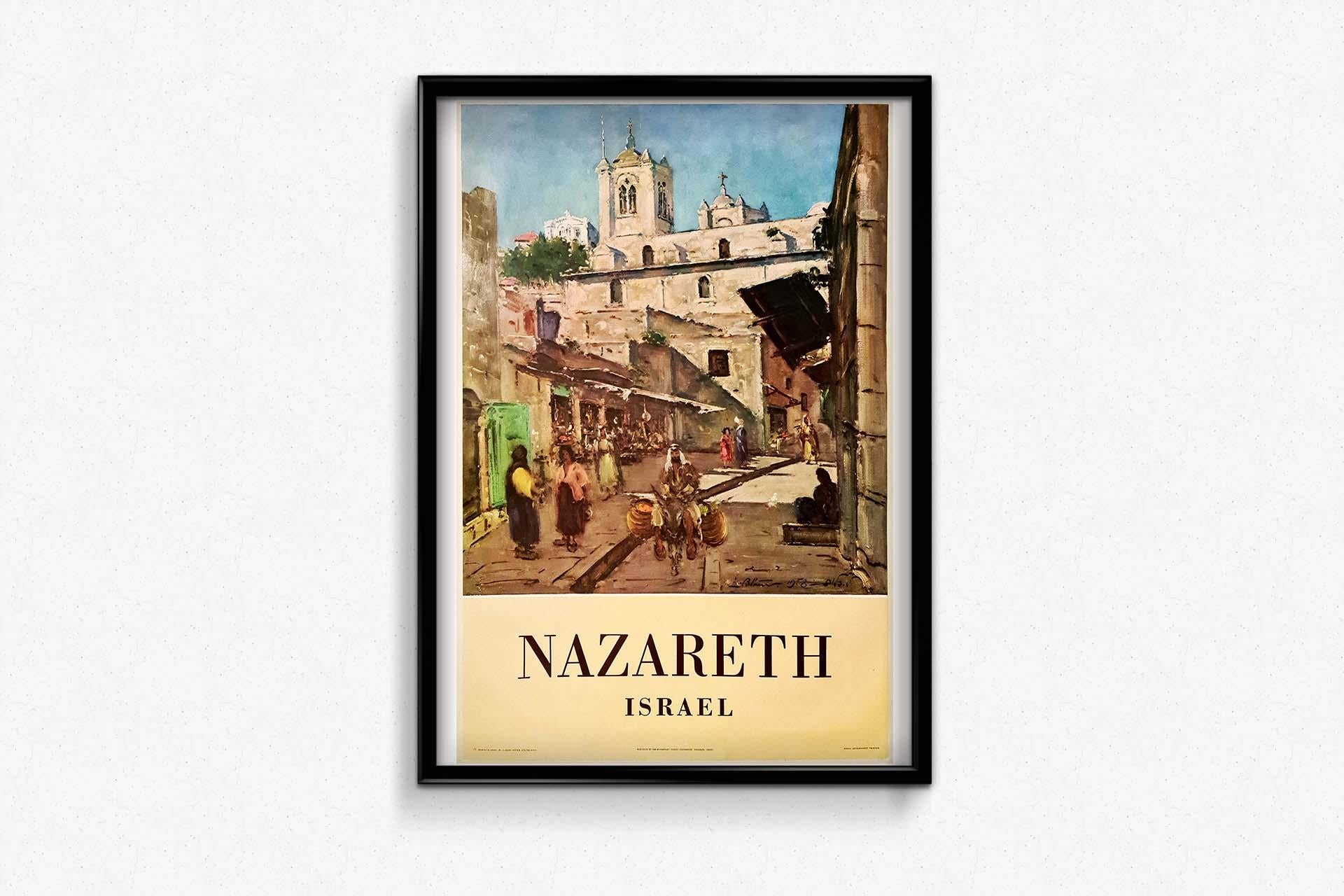 Beautiful tourist poster of Ludwig Blum for the city of Nazareth in Israel. Ludwig Blum (1891-1975) was an Israeli painter born in Moravia. He emigrated to Israel in 1923, as part of the third aliyah, and became known as 