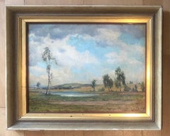 The Pond Oil Painting on Wood, Framed Landscape, Mid-20th Century