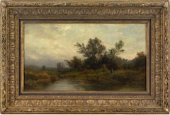 Ludwig Friedrich Hofelich, Pond Landscape With Figure, Antique Oil Painting