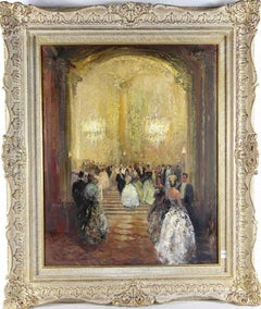 Ballroom Scene Oil Painting, 20th Century, Unframed, 38x32 Inches