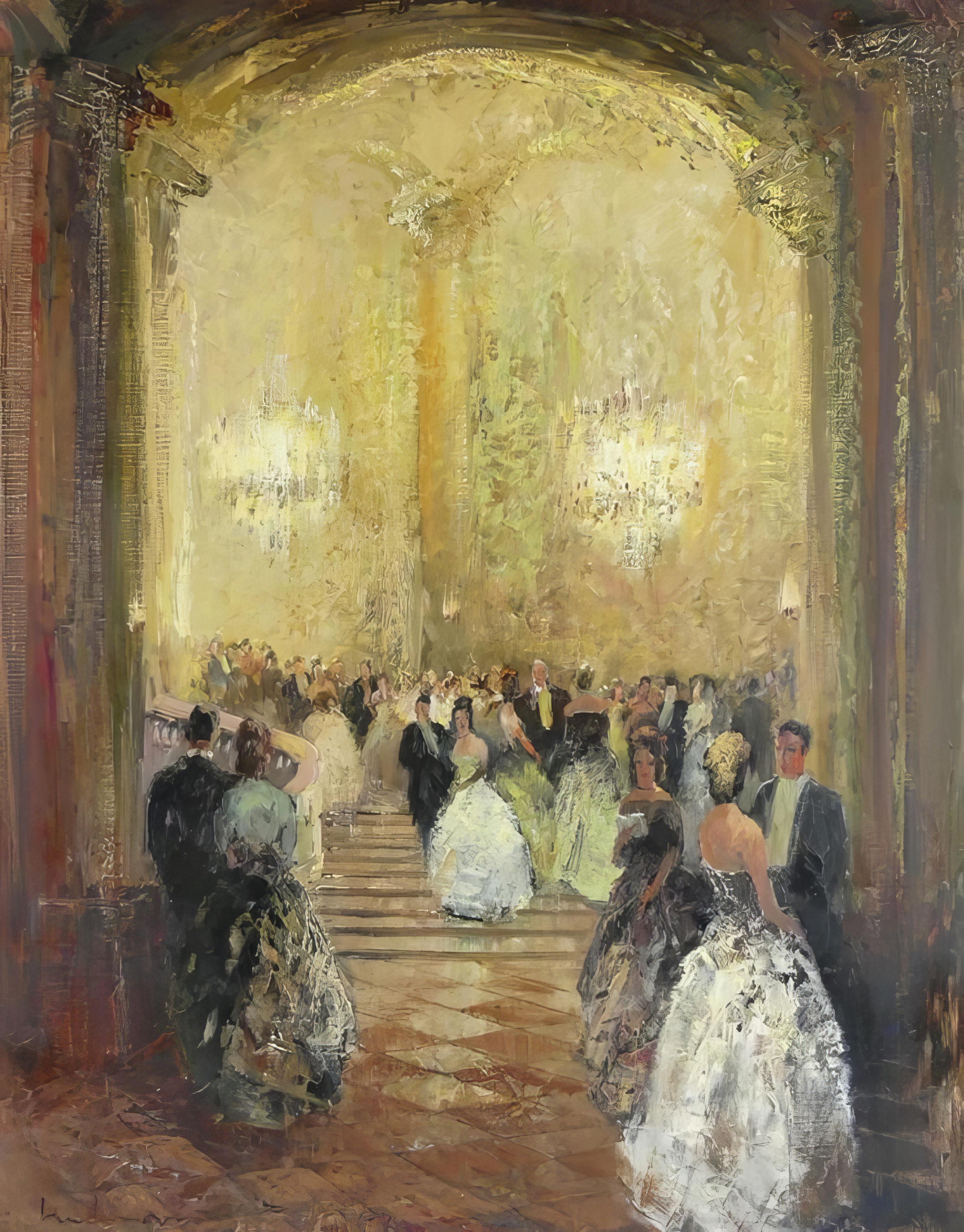 Ballroom Scene Oil Painting, 20th Century, Unframed, 38x32 Inches