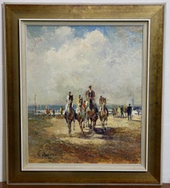 Ludwig Gschossmann, Paesaggio estivo sulla spiaggia con cavalieri, cavalli, persone, Paesaggio marino