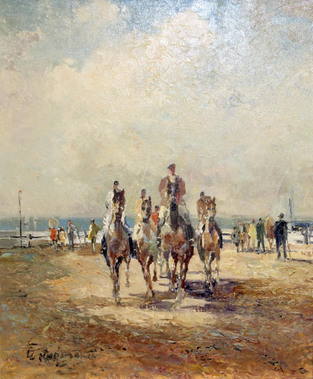 Ludwig Gschossmann, Summer Beach landscape with riders, horses, people, Seascape For Sale 1