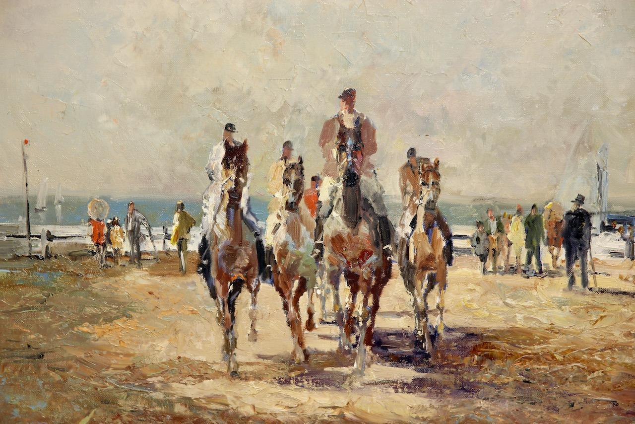 Ludwig Gschossmann, Summer Beach landscape with riders, horses, people, Seascape For Sale 2