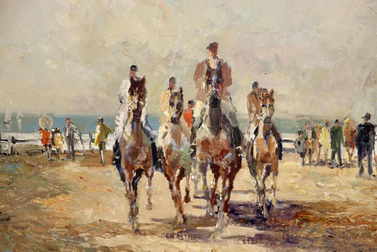 Ludwig Gschossmann, Summer Beach landscape with riders, horses, people, Seascape For Sale 3