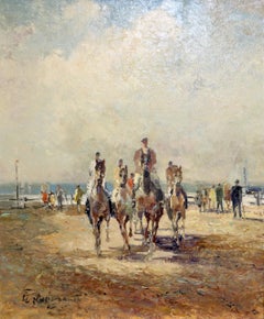 Paysage de plage d'été avec cavaliers, chevaux, personnes, paysage marin de Ludwig Gschossmann