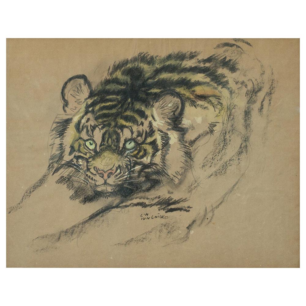 Ludwig H. Jungnickel "Tiger"Graphite Carbon Watercolor Signed, circa 1930 For Sale