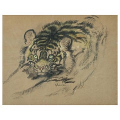 Ludwig H. Jungnickel "Tiger"Graphite Carbon Watercolor Signed, circa 1930