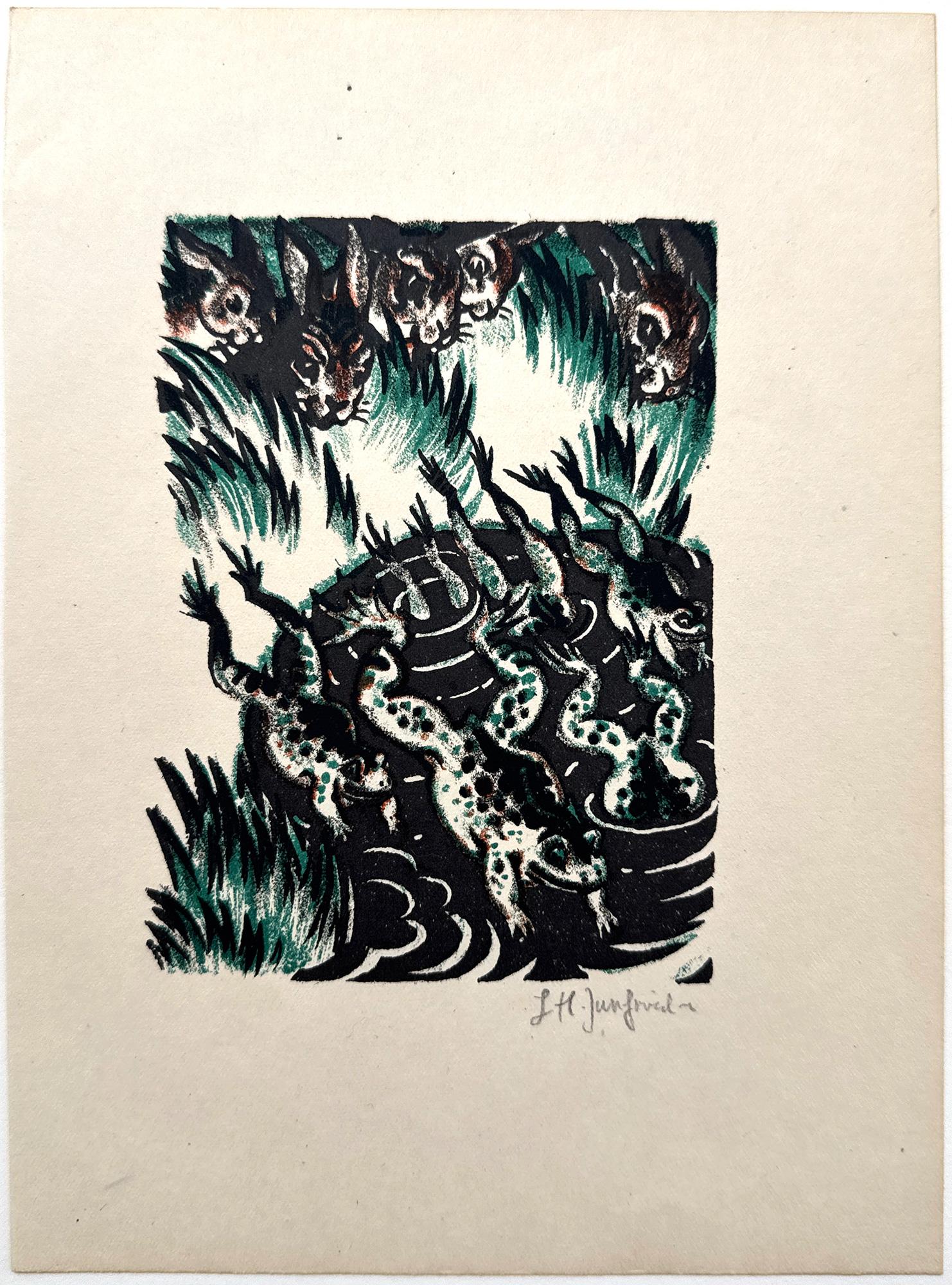 Kaninchen und Frösche (Rabbits and Frogs) from Tierfabeln des kalassischen Alter - Print by Ludwig Heinrich Jungnickel