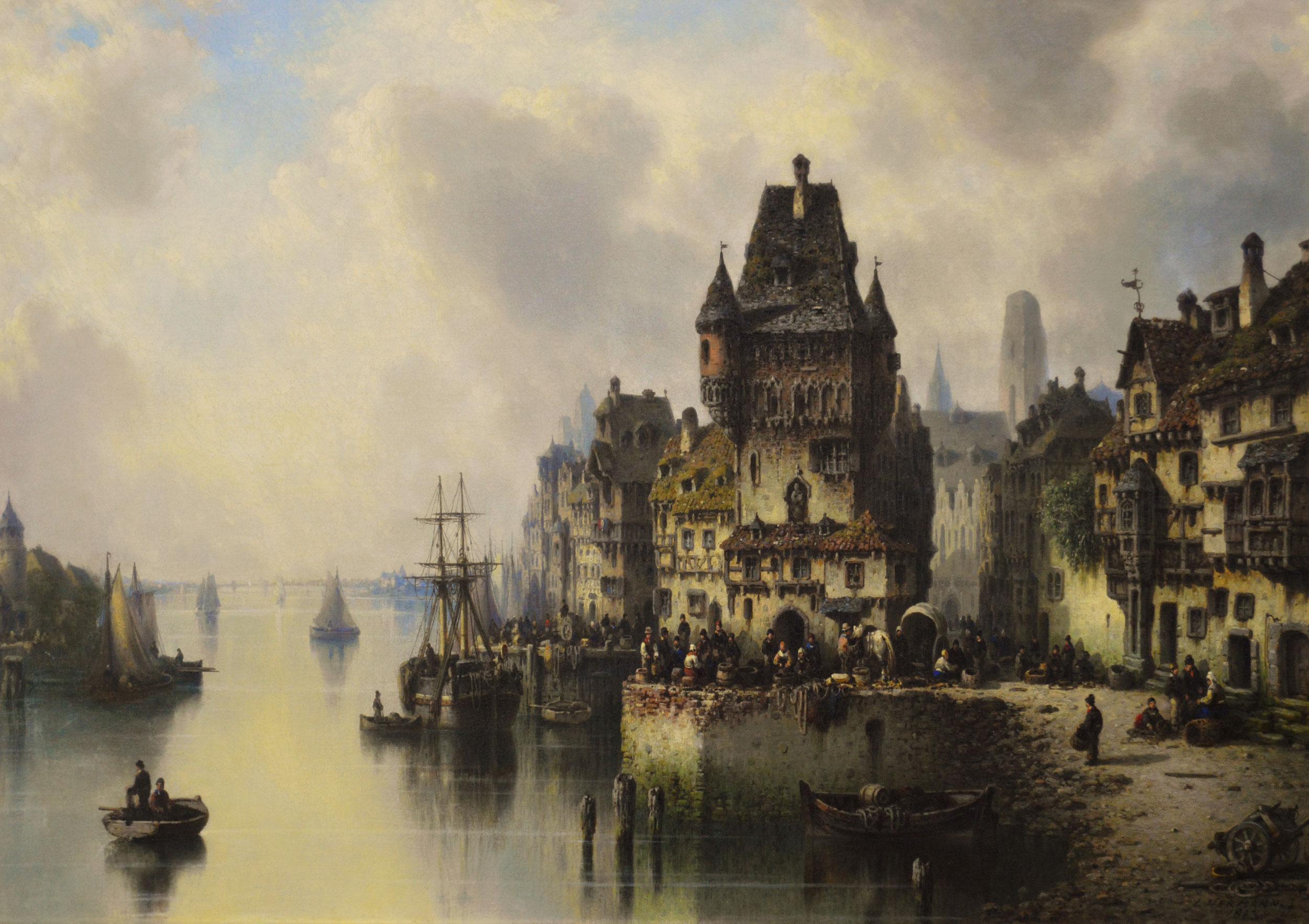 Óleo de paisaje urbano continental del siglo XIX de un concurrido puerto - Painting de Ludwig Hermann