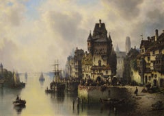 19th Century continental townscape oil painting of a busy harbour