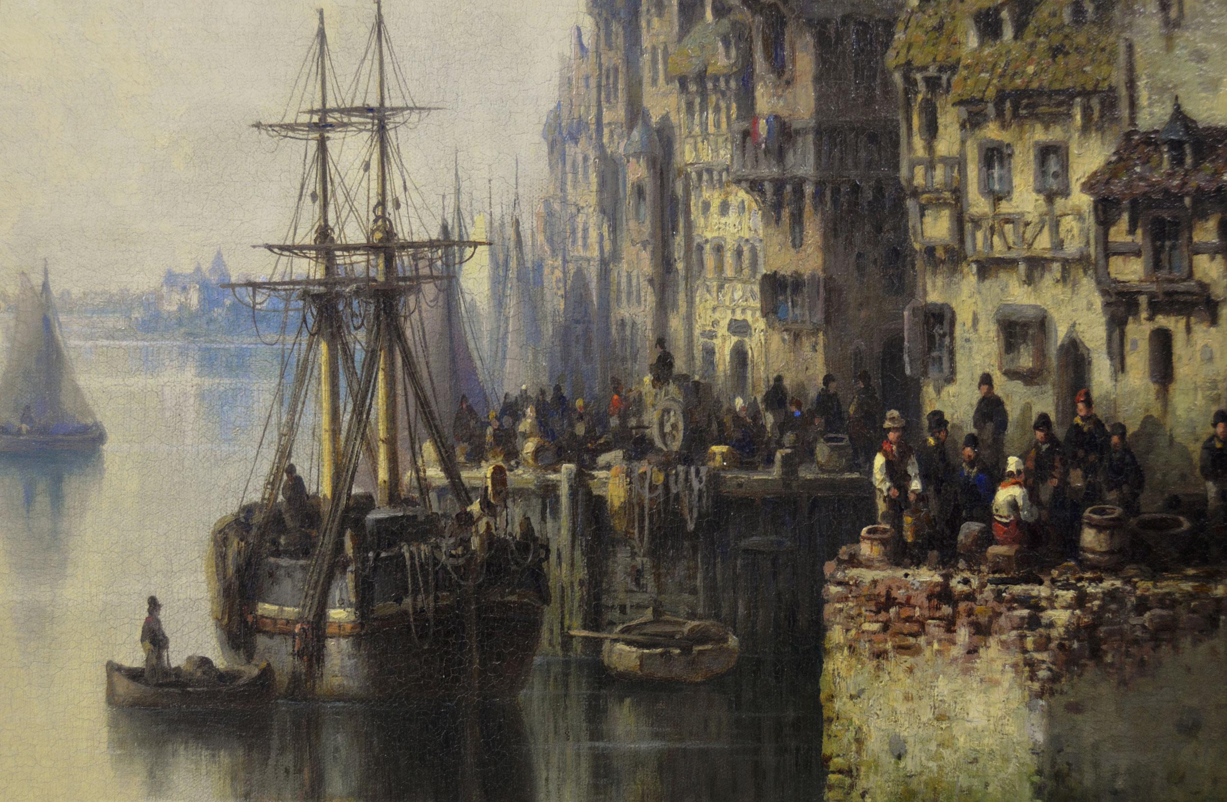 Ludwig Hermann
German, (1812-1881)
A Bustling Harbour Town
Oil on canvas, signed & dated 1863
Image size: 26 inches x 36.5 inches 
Size including frame: 35.25 inches x 45.75 inches

A wonderful continental townscape scene of a bustling harbour by