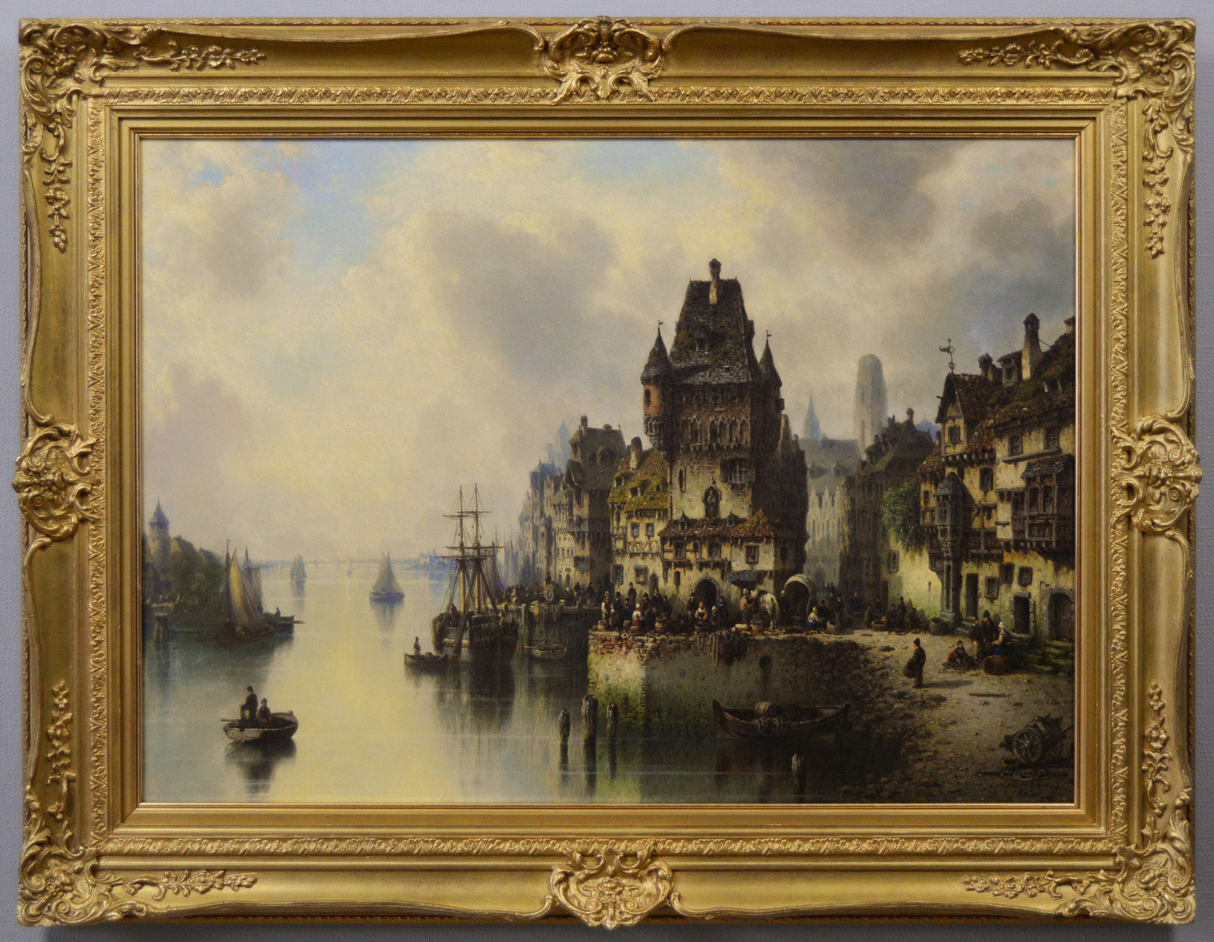 Ludwig Hermann Landscape Painting - 19th Century continental townscape oil painting of a busy harbour