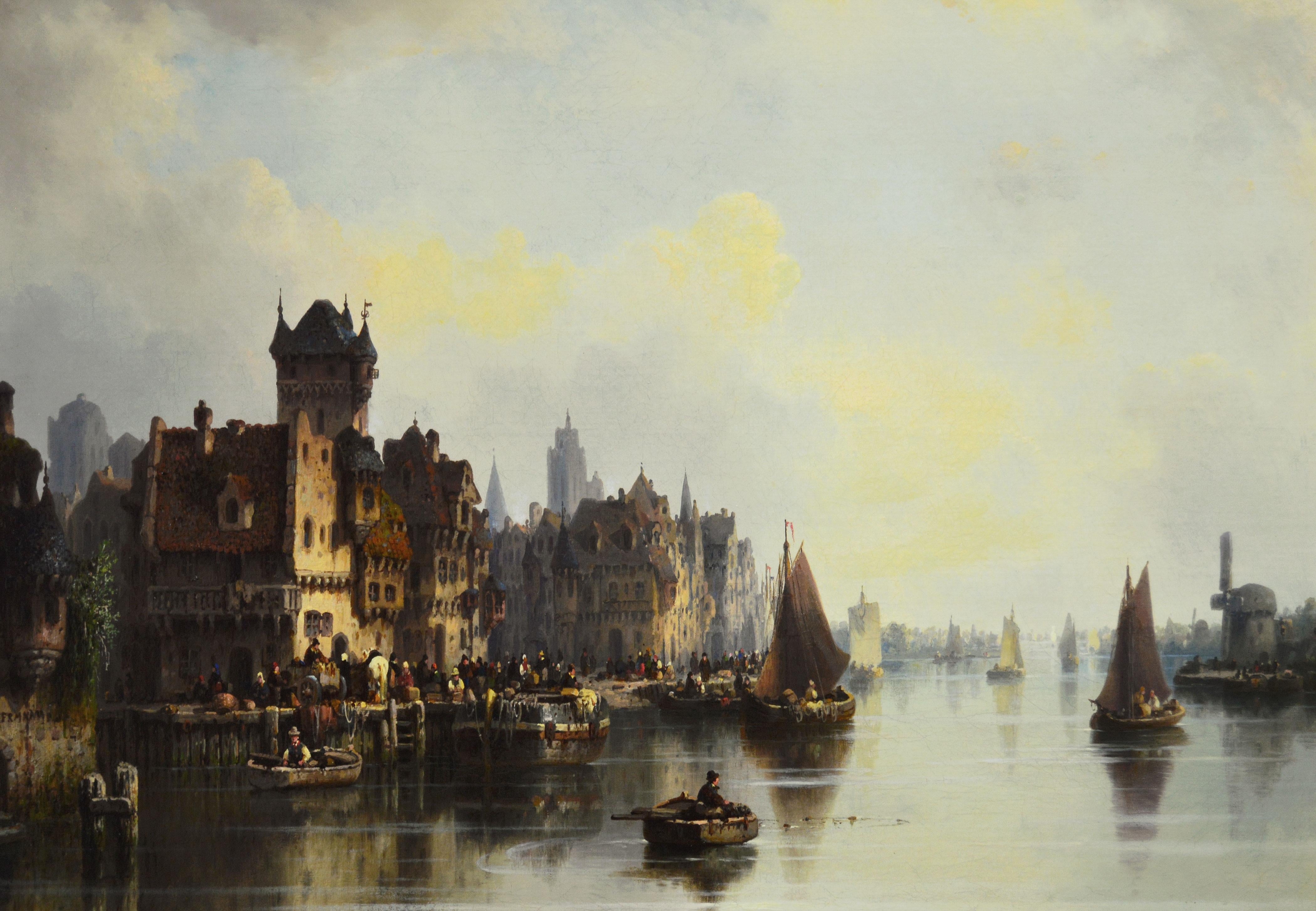 19th Century continental townscape oil painting of a quayside on a river - Painting by Ludwig Hermann