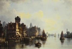 19th Century continental townscape oil painting of a quayside on a river