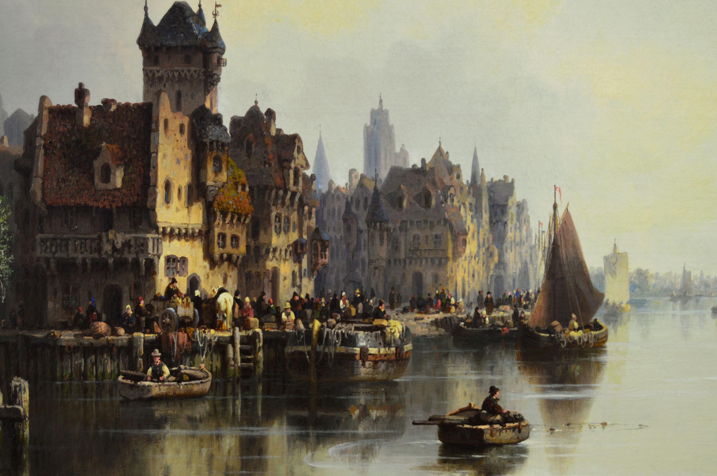 19th Century continental townscape oil painting of a quayside on a river - Victorian Painting by Ludwig Hermann