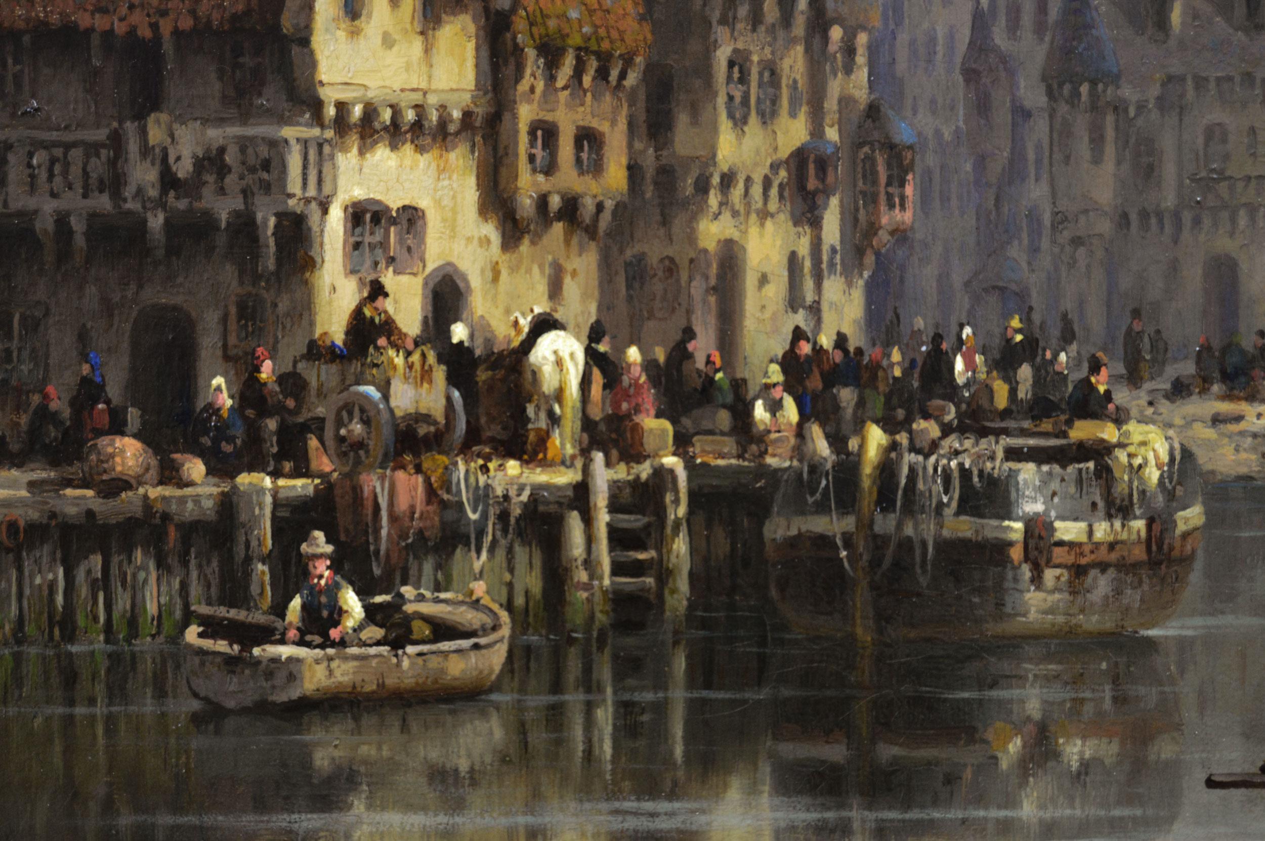 19th Century continental townscape oil painting of a quayside on a river - Brown Figurative Painting by Ludwig Hermann