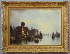 19th Century continental townscape oil painting of a quayside on a river