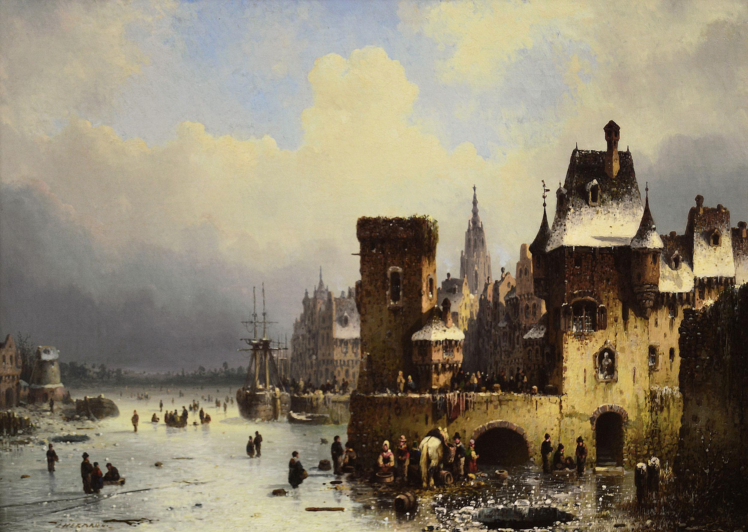 19th Century winter townscape oil painting of a quay on a frozen river - Painting by Ludwig Hermann