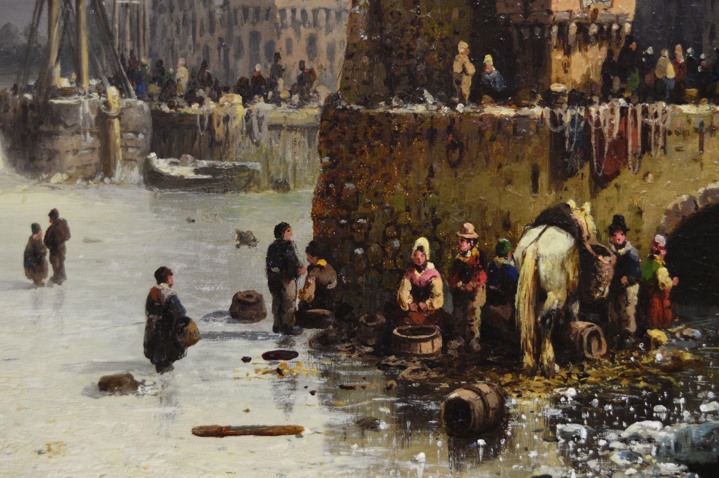 19th Century winter townscape oil painting of a quay on a frozen river - Victorian Painting by Ludwig Hermann