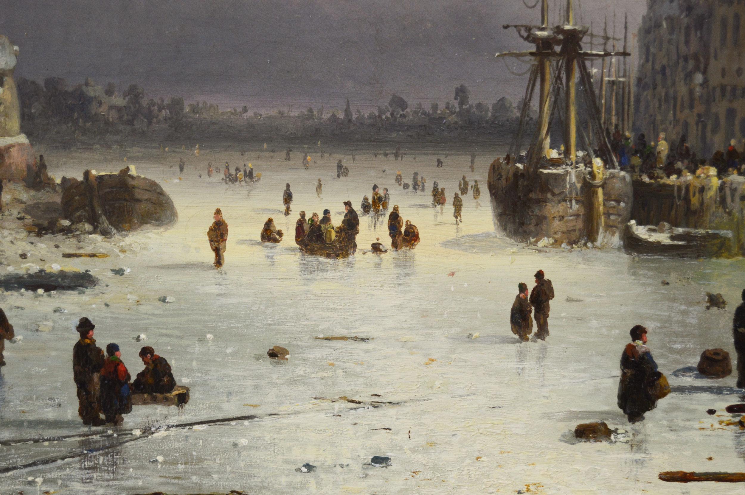 Winterstadtlandschaft des 19. Jahrhunderts, Ölgemälde einer Kuppel auf einem eingefrorenen Fluss im Angebot 1
