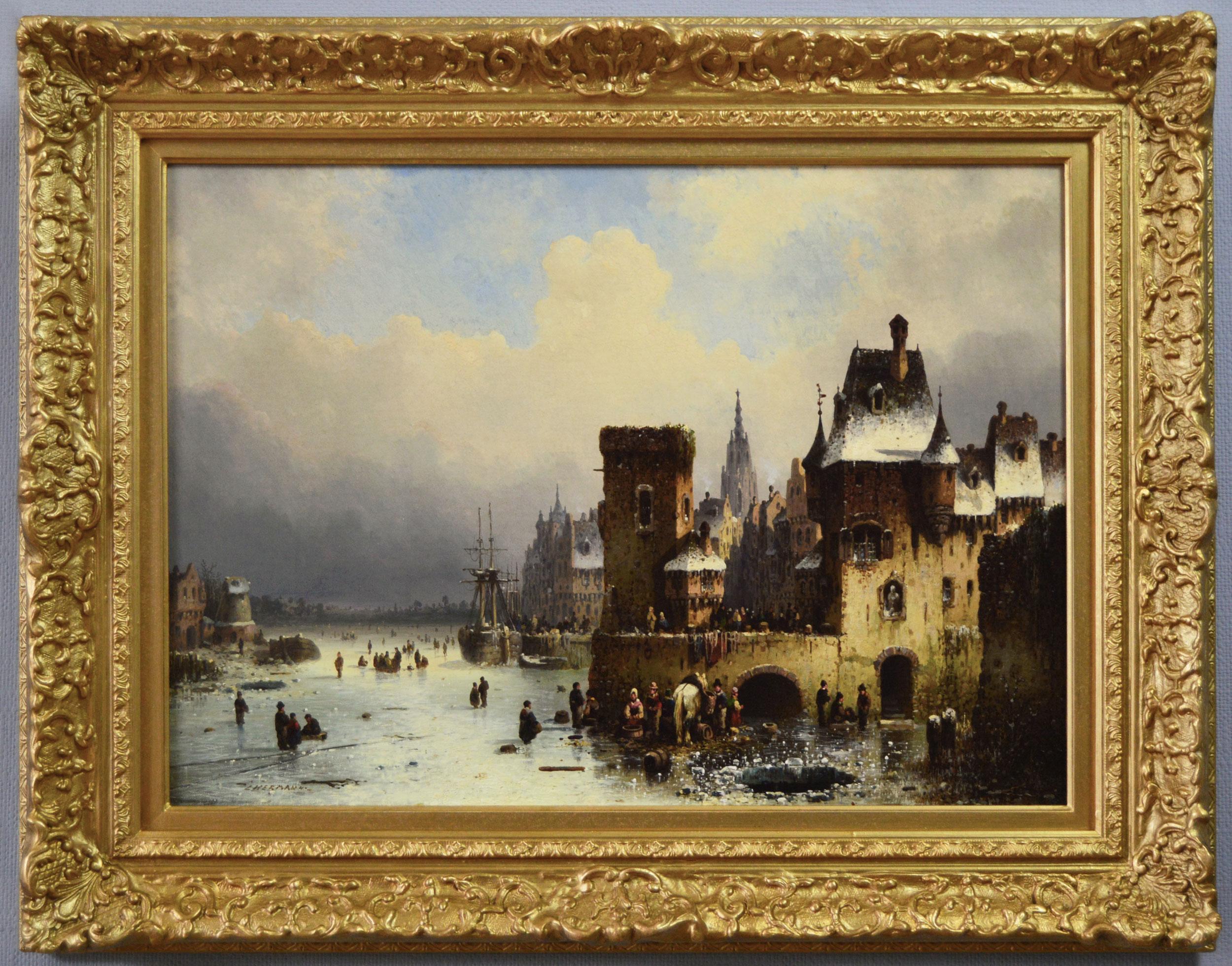 19th Century winter townscape oil painting of a quay on a frozen river