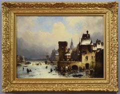 19th Century winter townscape oil painting of a quay on a frozen river