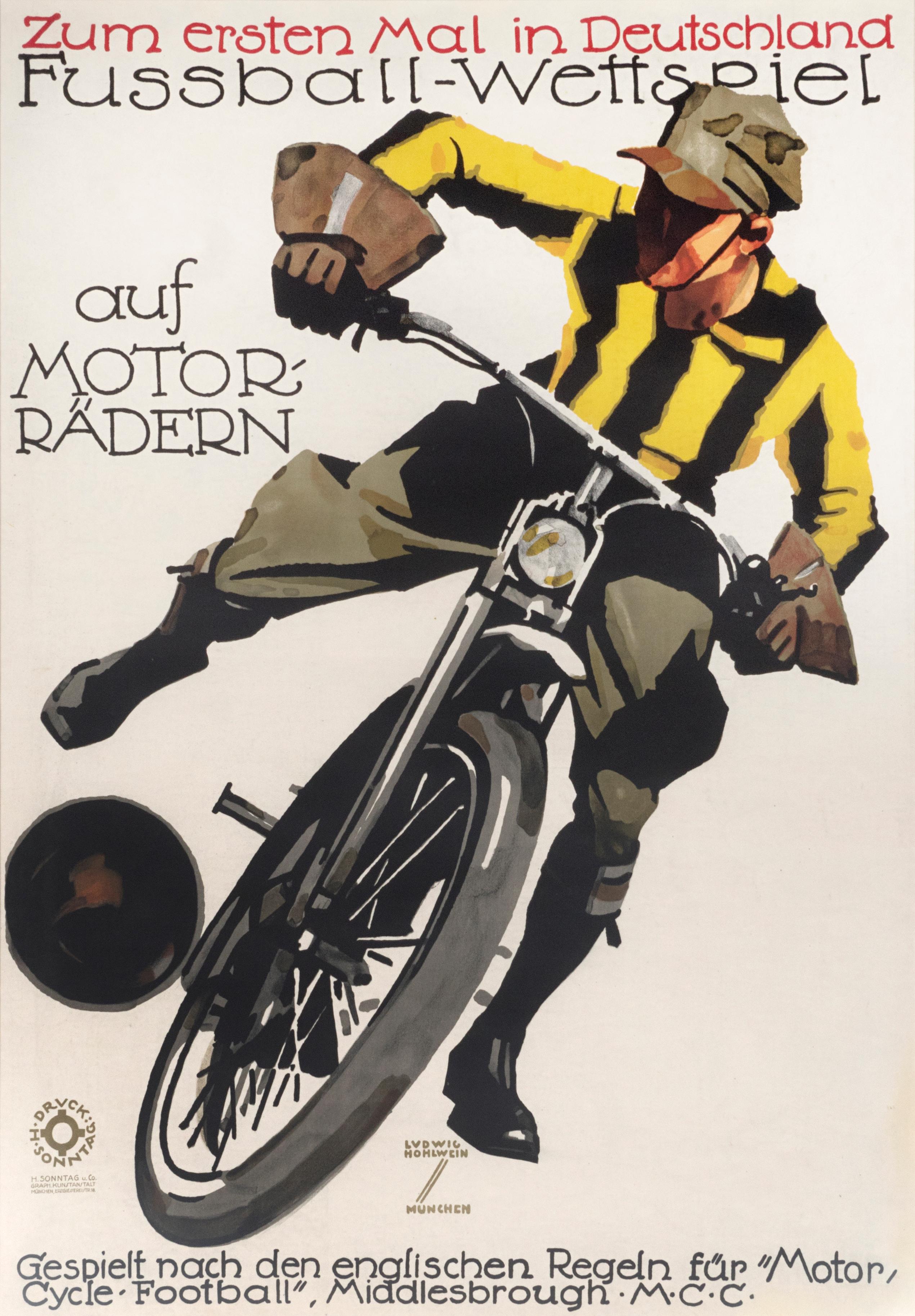 "Fussball-Wettspiel auf Motorradern" Original Vintage Biking Poster - Print by Ludwig Hohlwein