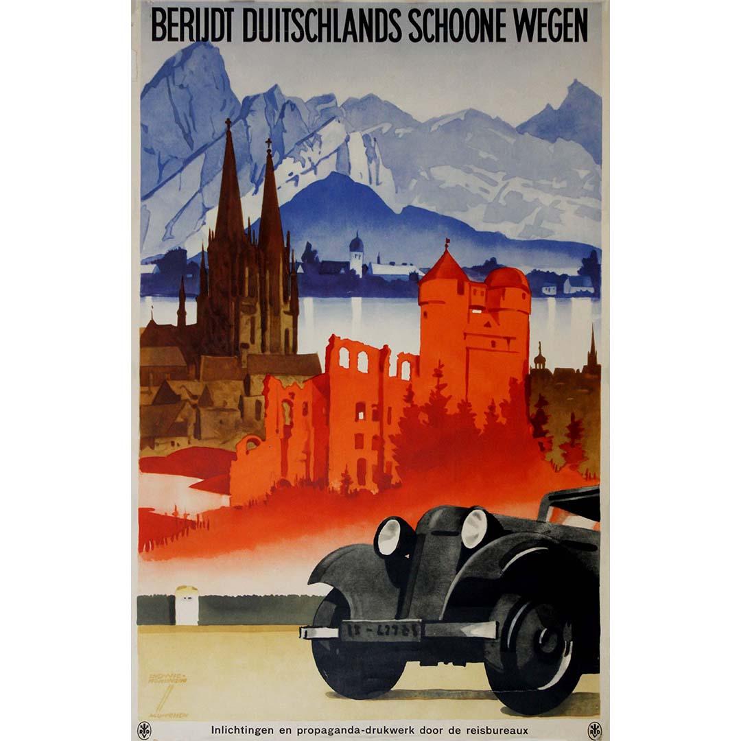 L'affiche de voyage originale de Ludwig Hohlwein, datant de 1935, intitulée "Berijdt Duitschlands Schoone Wegen", transporte les spectateurs dans les paysages enchanteurs et les routes panoramiques d'Allemagne. Avec une habileté magistrale, Hohlwein
