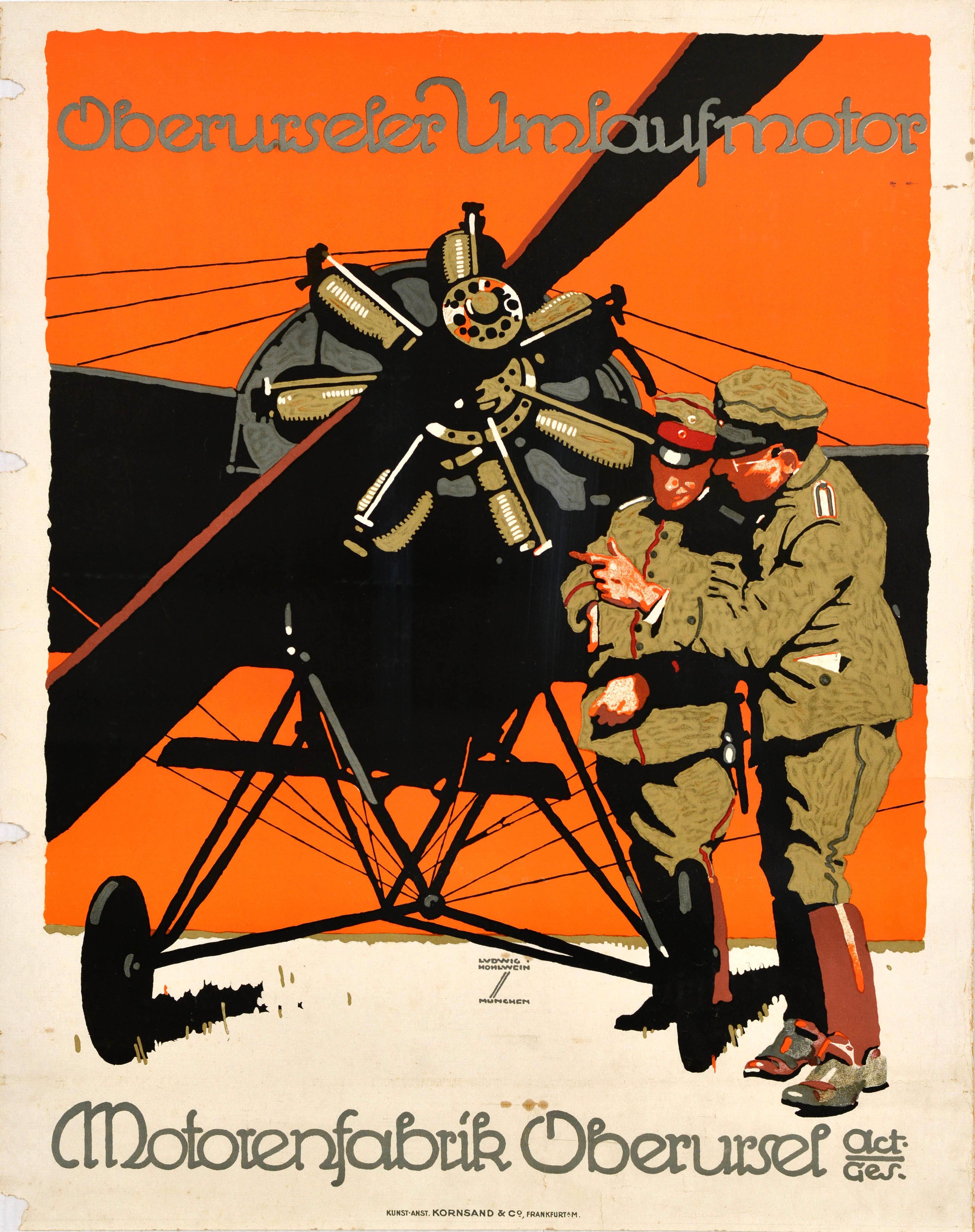 Original antique poster for Oberursel propeller motors / Oberurseler Umlaufmotor Motorenfabrik Oberursel. Stunning artwork by the notable German poster artist Ludwig Hohlwein (1874-1949) featuring two men in WWI military uniform standing in front of