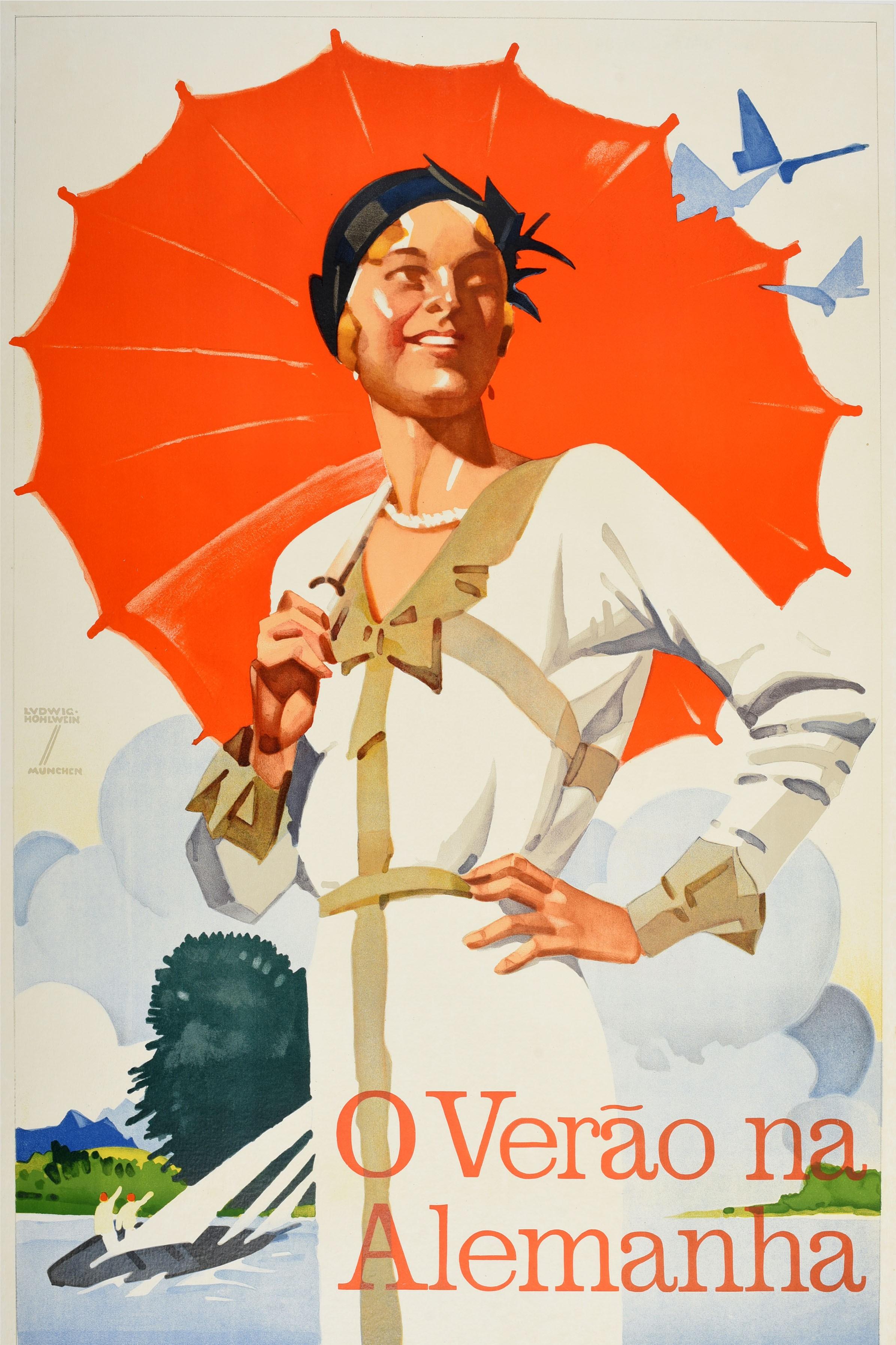 Poster di viaggio originale d'epoca Art Deco Estate in Germania in barca a vela Verao Alemanha - Print Beige di Ludwig Hohlwein