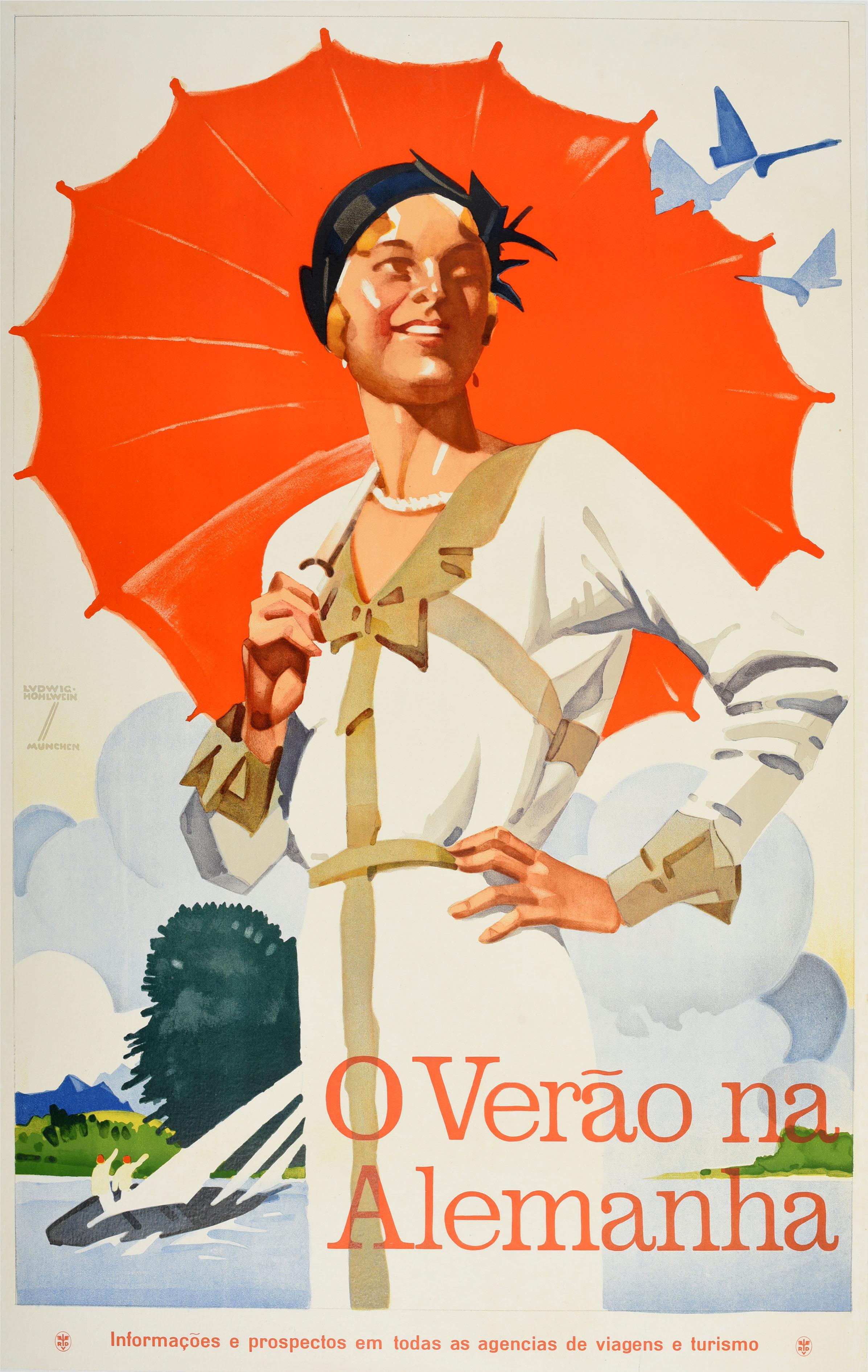 Affiche de voyage Art déco vintage d'origine d'été en Allemagne, voile Verao Szczecin