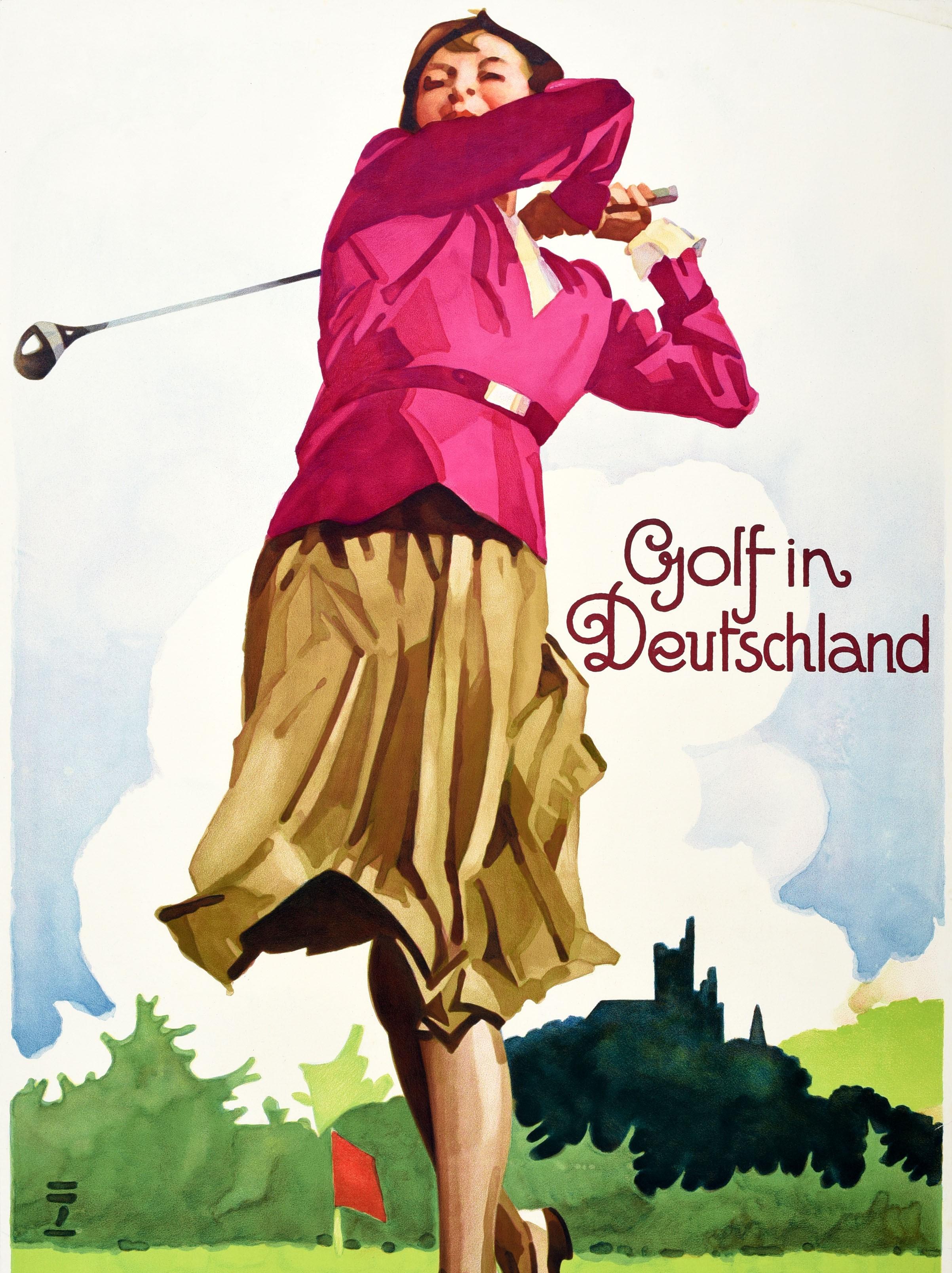 Original-Sport-Reiseplakat - Golf in Deutschland - mit einem atemberaubenden Kunstwerk des bedeutenden deutschen Grafikers Ludwig Hohlwein (1874-1949), das eine Golferin in vollem Schwung auf dem Grün zeigt, mit Bäumen und der Silhouette einer