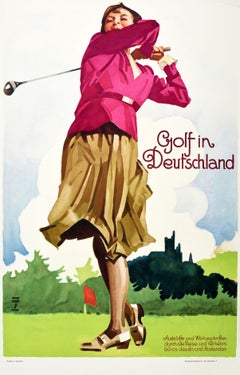 Affiche rétro originale, Golf en Allemagne, Sport, Voyage, Golfeur, Œuvre d'art