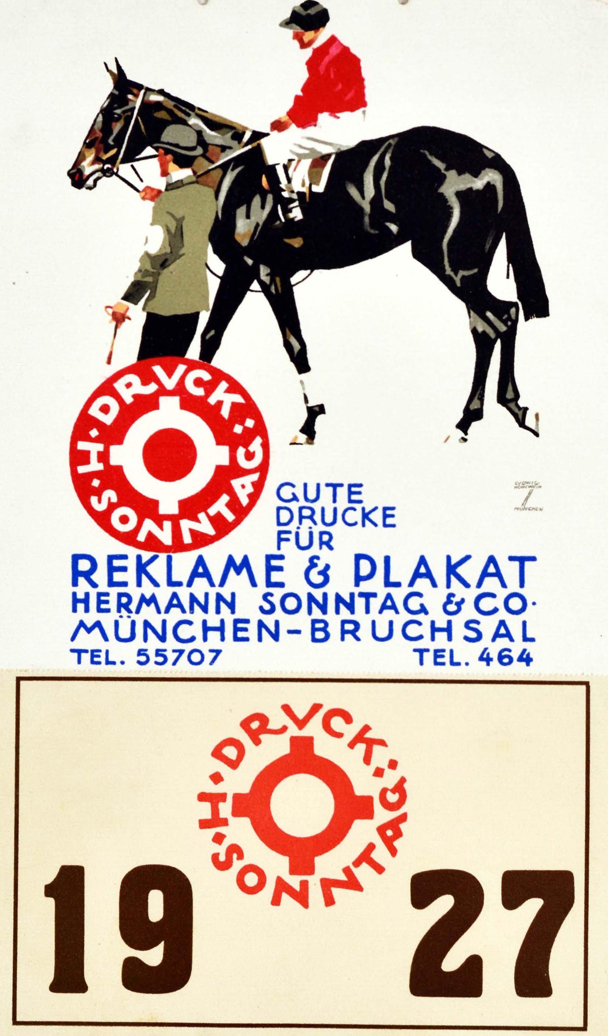 Original vintage advertising poster featuring artwork by the notable German poster artist Ludwig Hohlwein (1874-1949) for H. Sonntag Druck printing company depicting a rider dressed in smart red and white jockey outfit being led on a black horse by