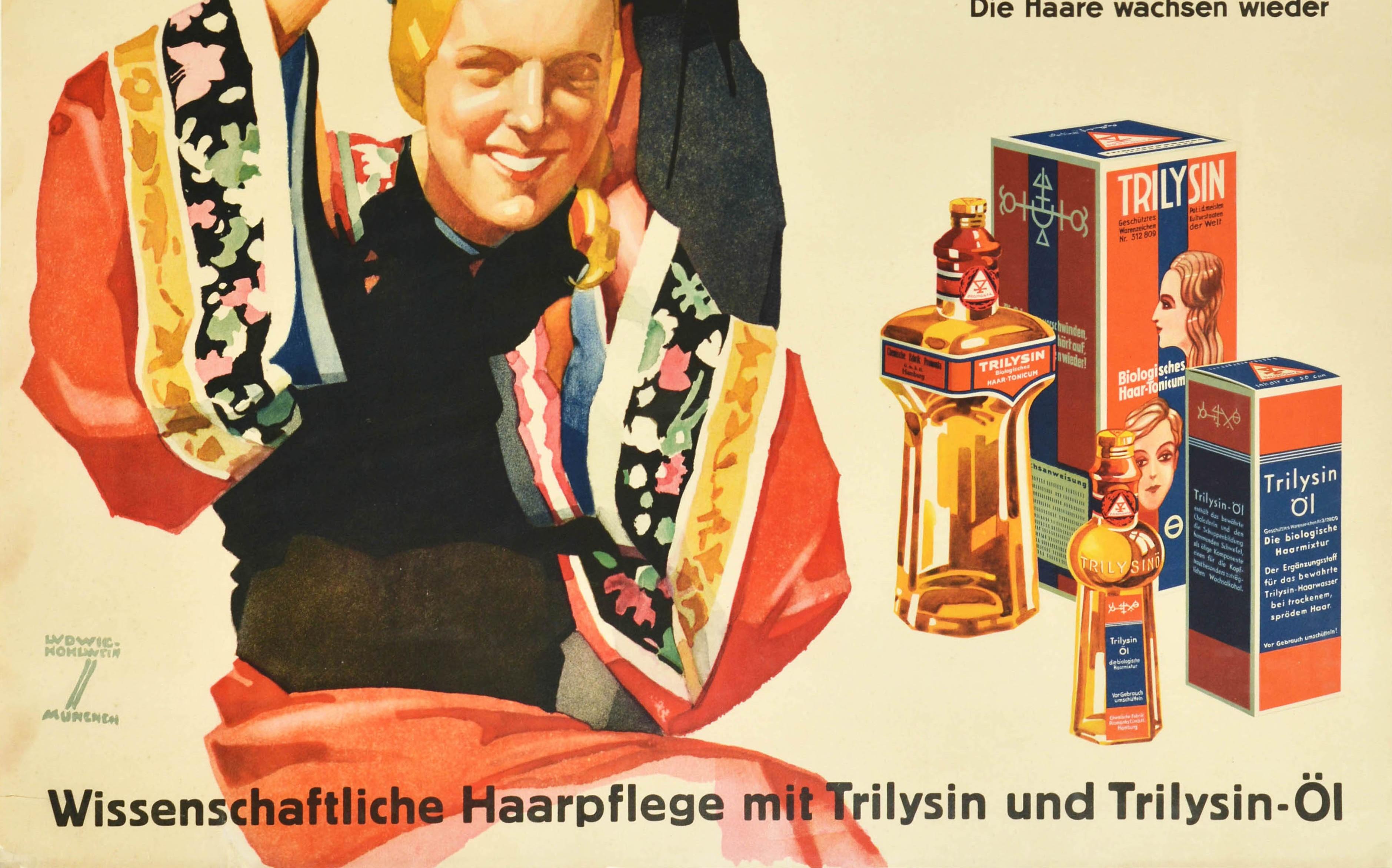 Original Vintage-Poster, Trilysin-Haar, Tonik, Kosmetika, Schönheit, Öl, Werbegrafik, Vintage (Art déco), Print, von Ludwig Hohlwein