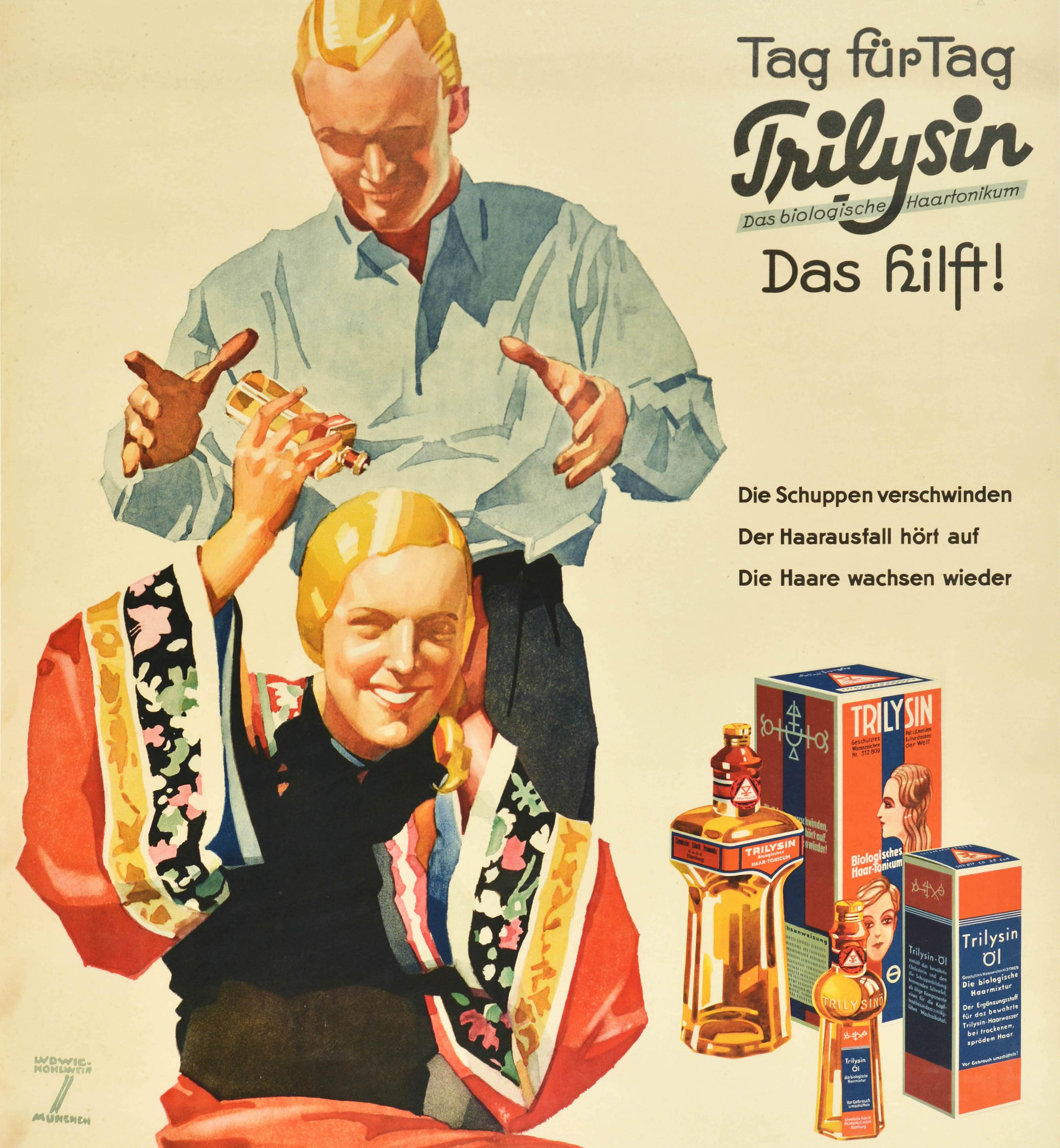 Original Vintage-Poster, Trilysin-Haar, Tonik, Kosmetika, Schönheit, Öl, Werbegrafik, Vintage (Beige), Print, von Ludwig Hohlwein