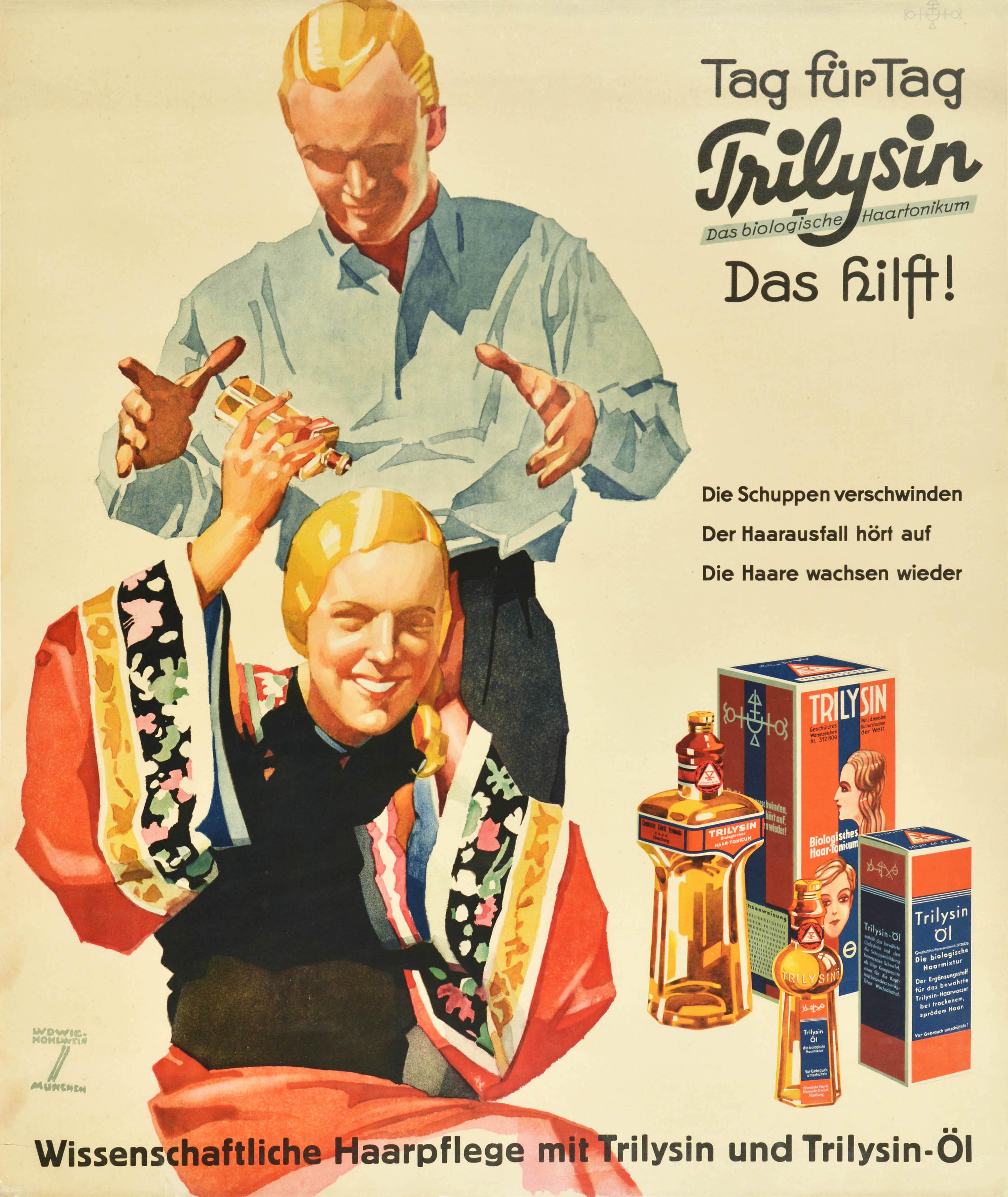 Ludwig Hohlwein Print – Original Vintage-Poster, Trilysin-Haar, Tonik, Kosmetika, Schönheit, Öl, Werbegrafik, Vintage