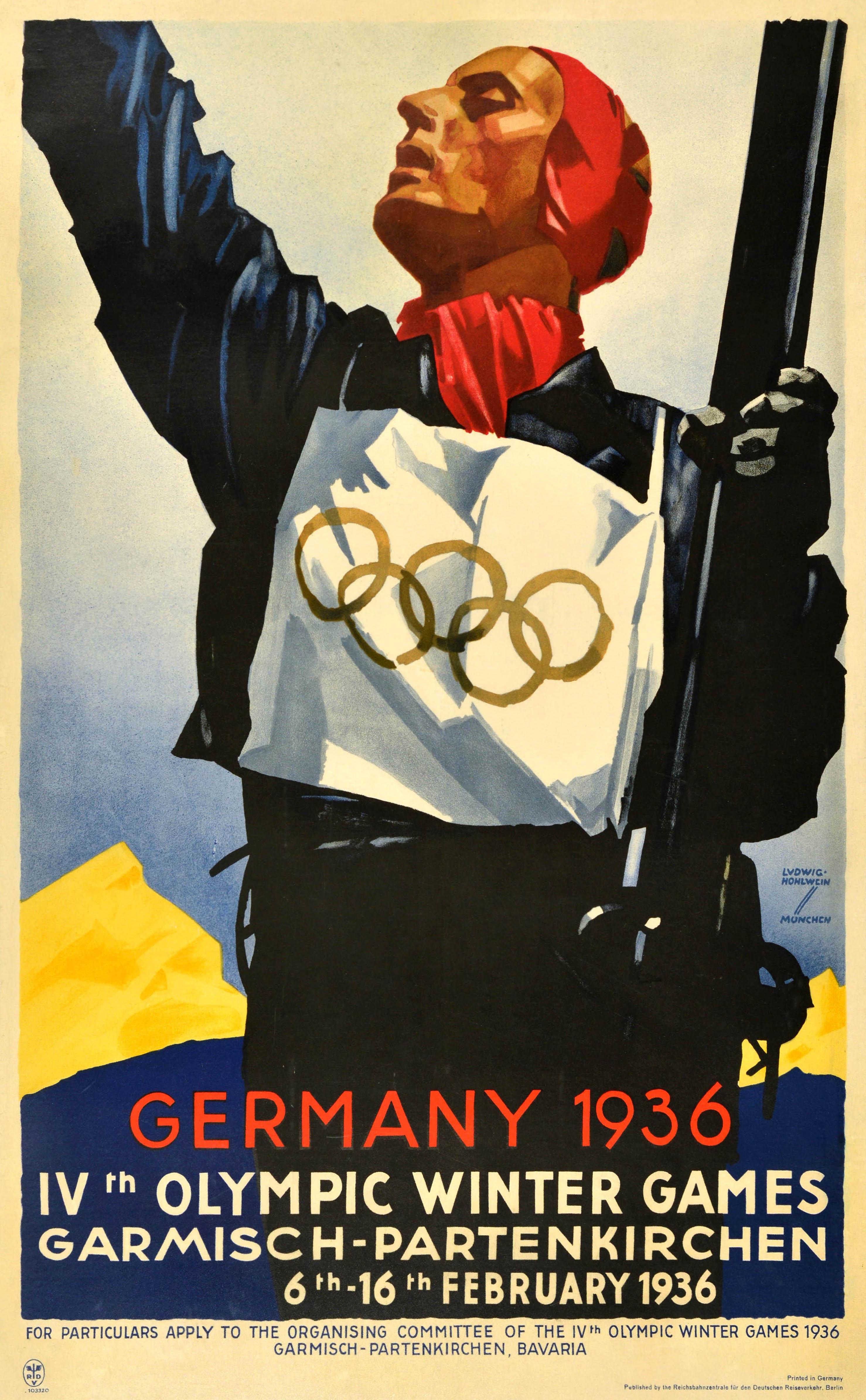 Original vintage sport poster - Germany 1936 IV Olympic Winter Games Garmisch Partenkirchen 6-16 February - featuring dynamic artwork by Ludwig Hohlwein (1874-1949) depicting a skier wearing a bib with the Olympic rings symbol on it, holding his