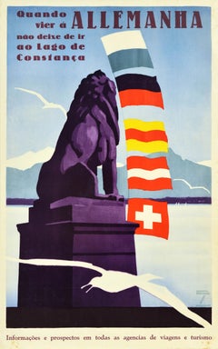 Affiche de voyage vintage d'origine Allemanha lac Constance montagnes Bavière lion