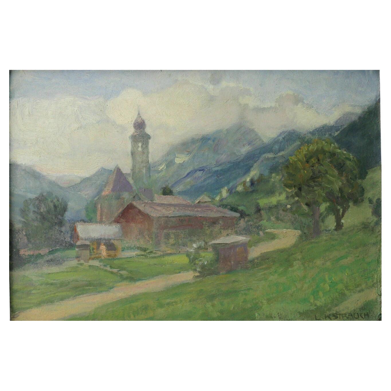 Ludwig Karl Strauch Oil Painting Church and Landscape For Sale