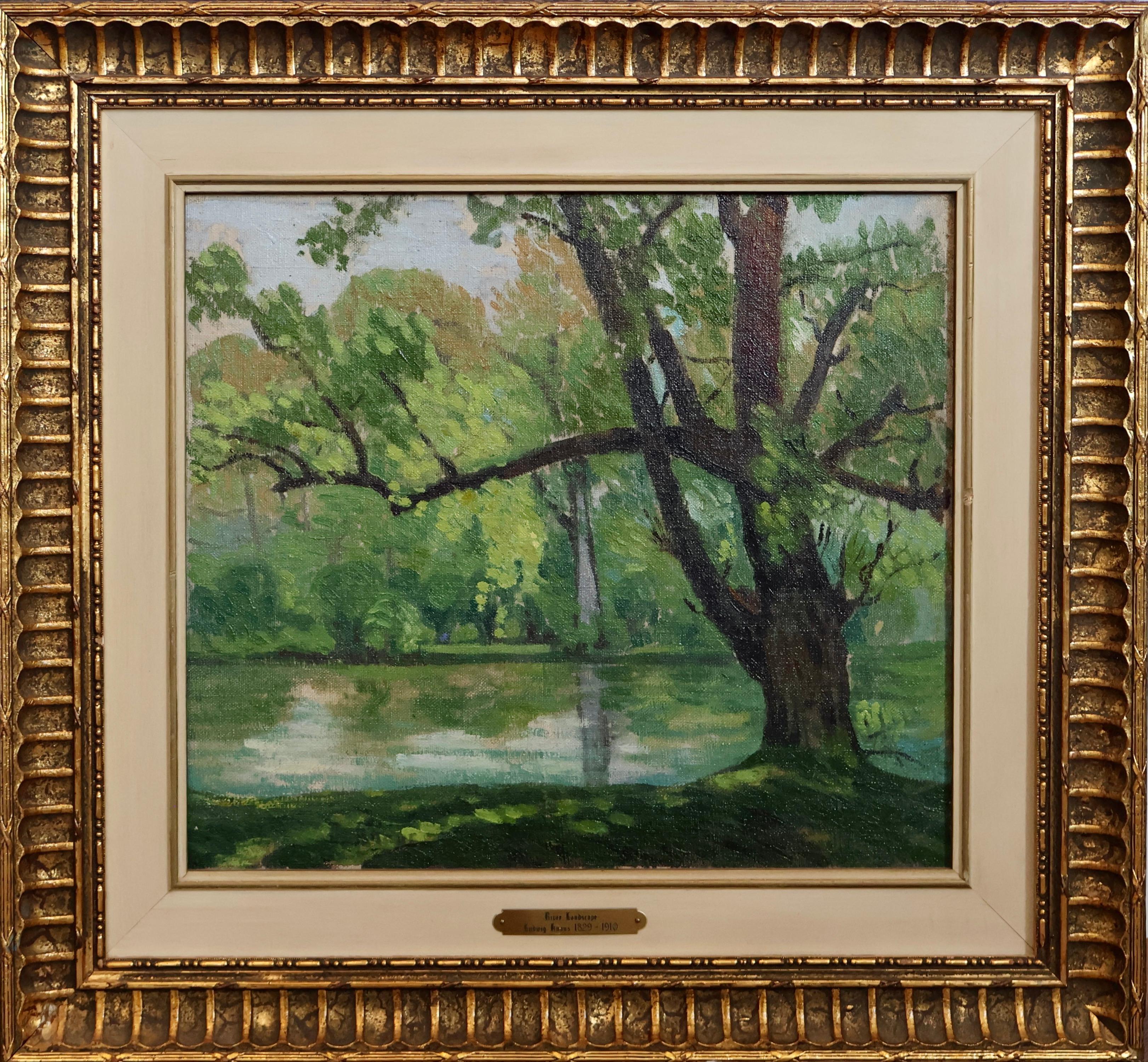 'River Landscape' by Ludwig Knaus; Framed 22" x 20.5" Oil on Board, 19th Century