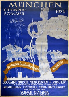 Original Vintage Poster Munich Olympic Summer Festival Horse Racing Chess Sport