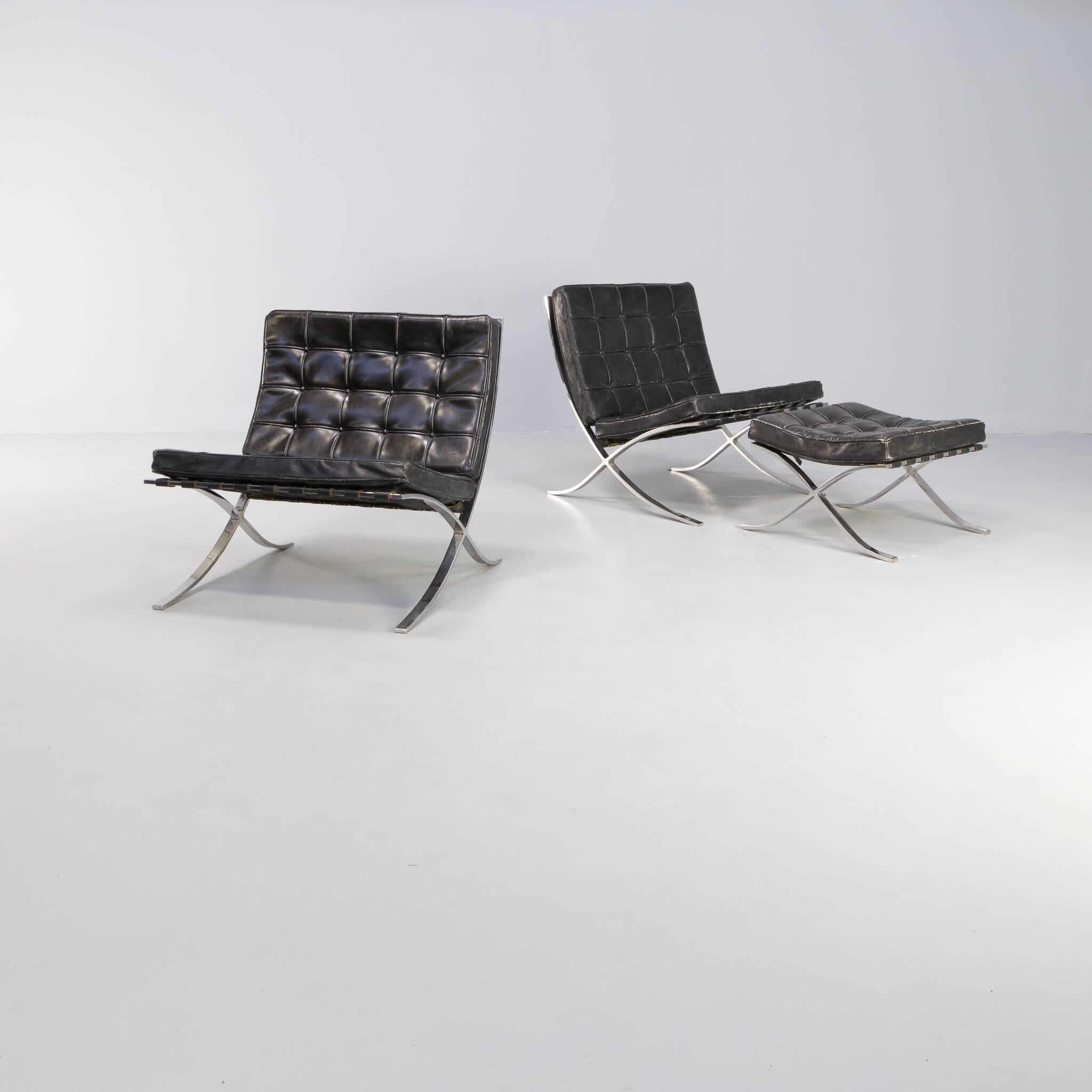 This chair (model 250L) was designed by Mies van der Rohe together with interior designer Lilly Reich for the German pavilion of the 1929 World Fair in Barcelona. This chair was also available with a ottoman, like this set has one, in the same