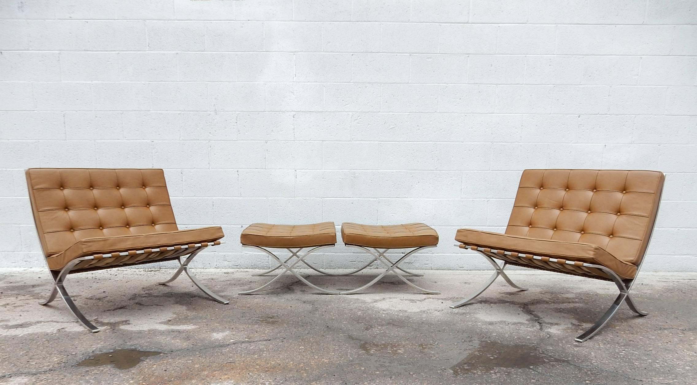 This set includes a pair of matching chairs and ottomans. 
All in excellent condition and completely original including the caramel brown spinnybeck leather.
Every piece is marked/labeled Knoll. Dated 1969.
They have all been painstakingly
