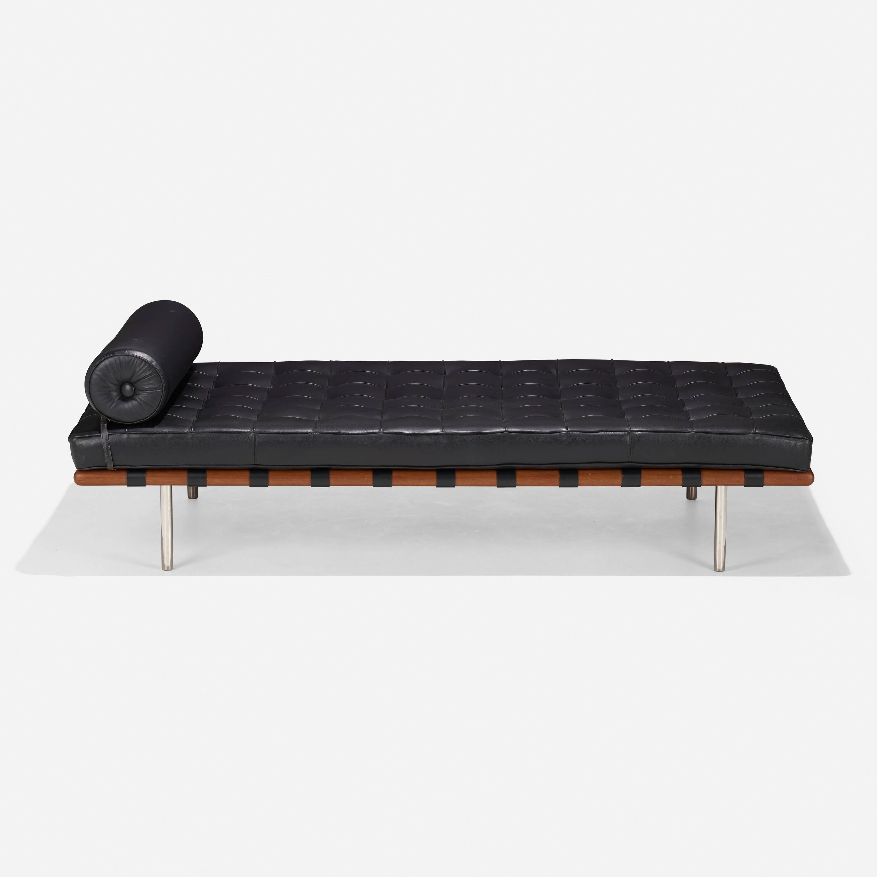 iconic Ludwig Mies van der Rohe Barcelona Daybed. Knoll International
Germany, c. 1986. Chrome-plated stainless steel, walnut, and leather. Also available in white leather.