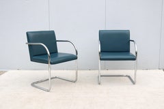 Ludwig Mies van der Rohe Brno Tubular Style Chairs Blue Leather by Gordon a Pair