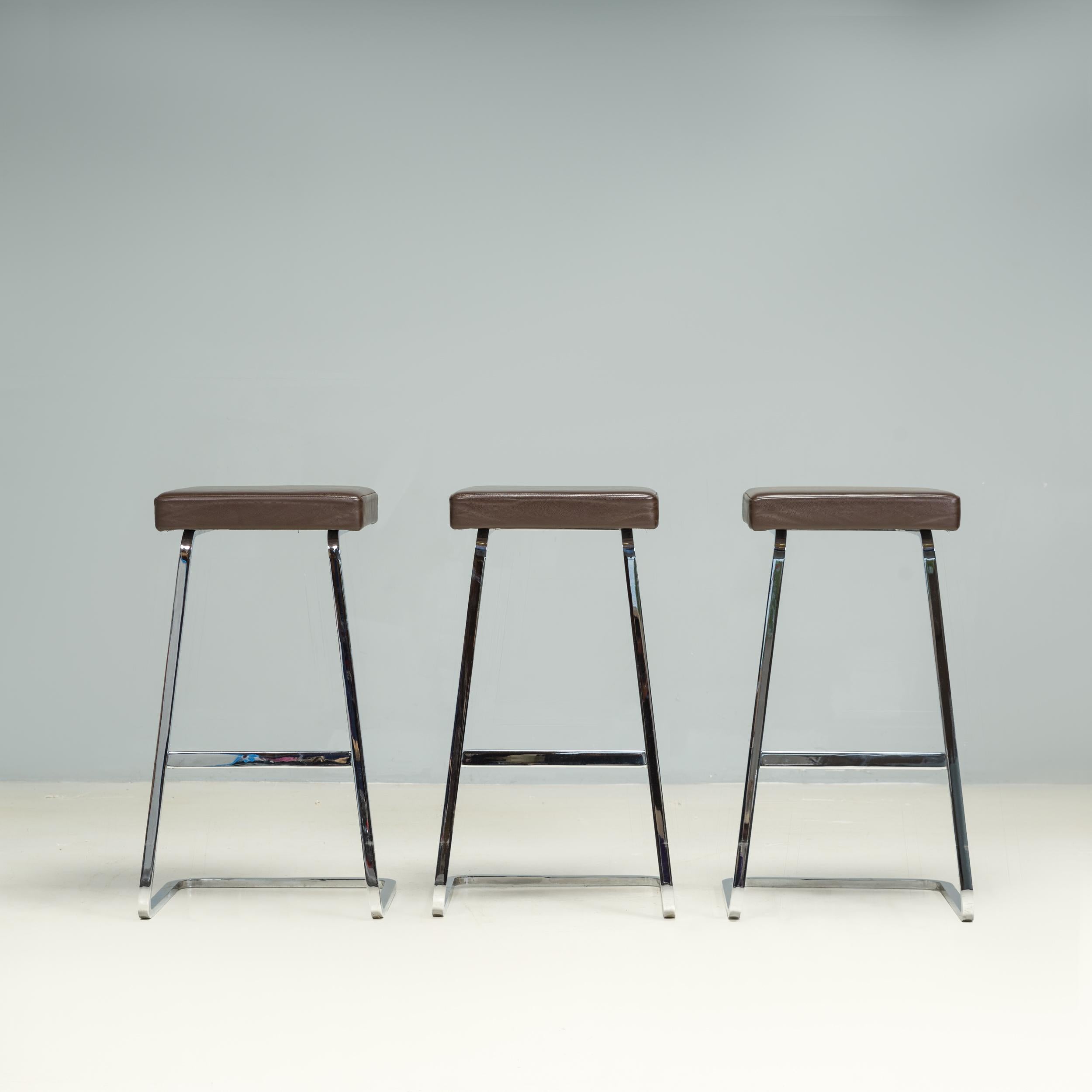 Italian Ludwig Mies van der Rohe by Knoll Brown Leather Four Seasons Stools, Set of 3