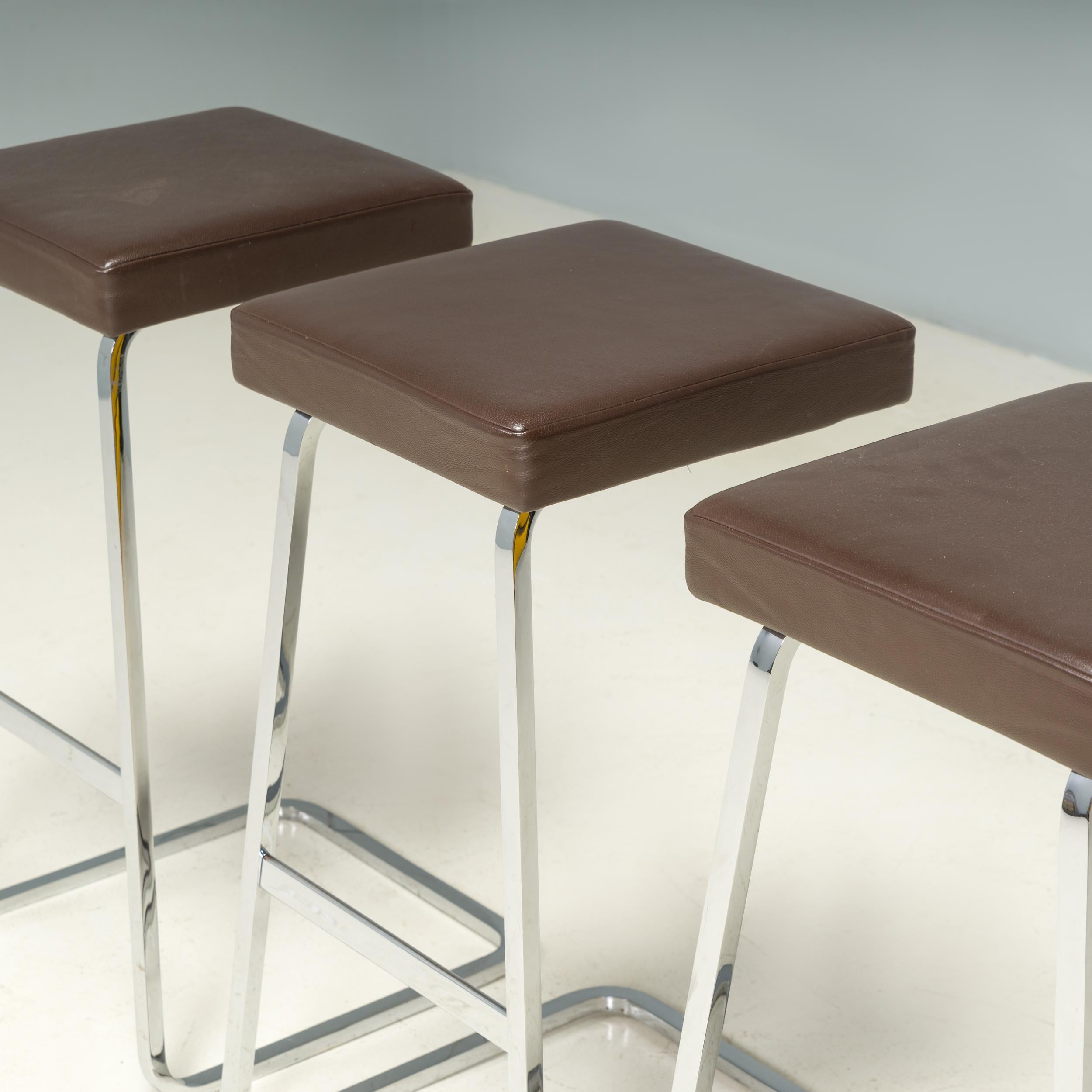 Ludwig Mies van der Rohe by Knoll Brown Leather Four Seasons Stools, Set of 3 In Good Condition In London, GB